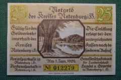 Нотгельд, бона 25 пфеннигов 1920 год, город Rotenburg, Ротенбург. Озеро. Германия.