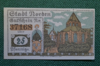 Нотгельд, бона 25 пфеннигов 1920 год, город Norden, Норден. Вид города, святой. Германия.