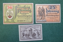 Нотгельд, бона 5, 25, 50 пфеннигов 1921 год, город Ronnenburg, Ронненбург. Германия.