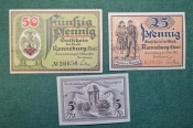 Нотгельд, бона 5, 25, 50 пфеннигов 1921 год, город Ronnenburg, Ронненбург. Германия.