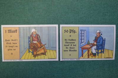 Нотгельд, бона 50 пфеннигов, 1 марка 1920 год, город Niebull, Нибюлль. Старик и старуха. Германия.