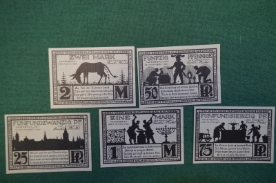 Нотгельд, бона 25, 50, 57 пфеннигов и 1, 2 марки 1921 год, город Paderborn, Падеборн. Германия.