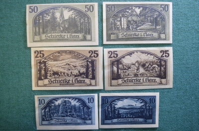 Нотгельд, бона 10, 25, 50 пфеннигов 1921 год (6 штук), город Schierke, Ширке. Гете. Германия.