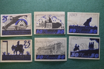 Нотгельд, бона 25 и 50 пфеннигов 1921 год (6 штук), город Leipzig, Лейпциг. Austellung. Германия.