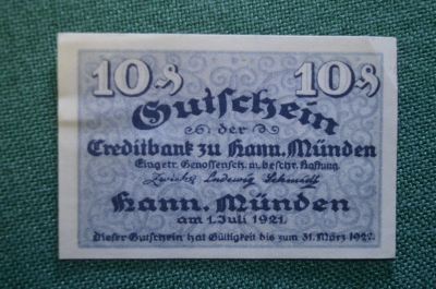 Нотгельд, бона 10 пфеннигов 1921 год, город Hann Munden, Ганн Мюнден. Германия.