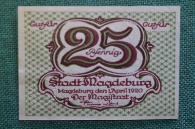 Нотгельд, бона 25 пфеннигов 1920 год, город Magdeburg, Магдебург. Ратуша. Германия.