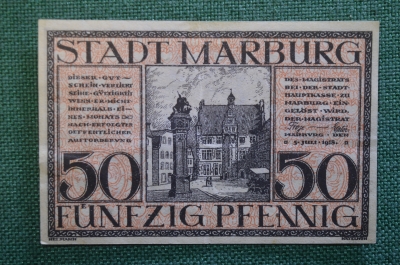 Нотгельд, бона 50 пфеннигов 1918 год, город Marburg, Марбург. Король на коне, Reiche III. Германия.