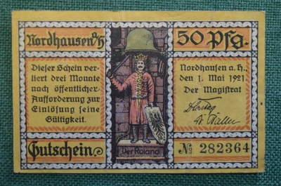 Нотгельд, бона 50 пфеннигов 1921 год, город Finkenburg, Финкенбург. Король Роланд, птицы. Германия.