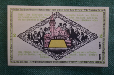 Нотгельд, бона 2 марки 1921 год. Город Ратенов, Rathenow. Стишок про масло и спекулянтов. Германия.