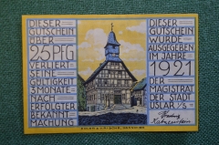 Нотгельд, бона 25 пфеннигов 1921 год, город Uslar, Услар. Саксония. Ратуша, герб. Германия.