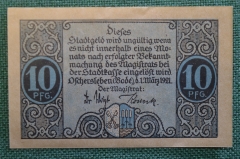 Нотгельд, бона 10 пфеннигов 1921 год, город Oschersleben (Bode), Ошерслебен. Вид города. Германия.