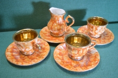 Сервиз, чайные пары с молочником. Керамика. Потертости, производственные дефекты. 