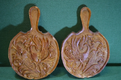 Панно старинные подвесные, парные "Жар-Птица". Дерево, резьба. 