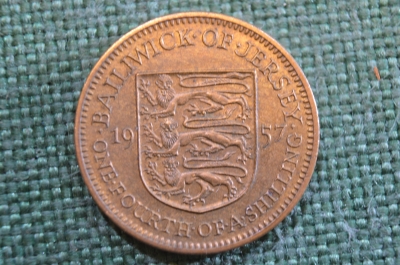Монета 1/4 шиллинга 1957 года. One fourth. Джерсийский фунт. Джерси, Bailiwick of Jersey. Елизавета 
