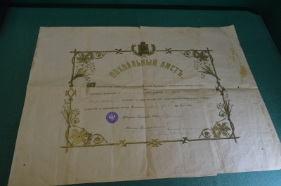 Документ старинный. Похвальный Лист. Чистопольская женская гимназия. Казань. Царская Россия. 1890г.