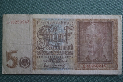 Бона, банкнота 5 марок, рейхсмарок 1942 года. Funf. Рейх, Германия.