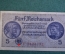 Бона, банкнота 5 марок, рейхсмарок 1939 года. Для оккупированных территорий. Германия.
