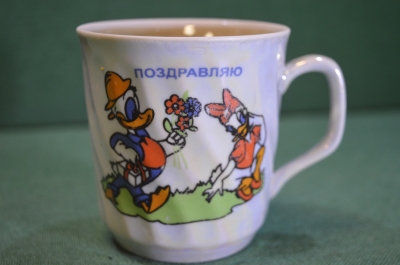 Чашка фарфоровая детская "Дональд Дак и Дейзи". Фарфор. Довбышский завод. Довбыш. СССР.