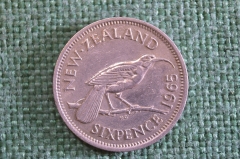 Монета 6 пенсов 1965 года. Sixpence. Птица Гуйя, Новозеландский скворец. New Zealand. Новая Зеландия