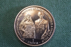 Монета 1 крона 1997 года. 50 годовщина свадьбы. Елизавета II. Принц Филипп. Isle of Man. Остров Мэн.