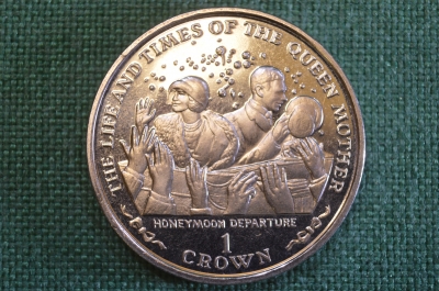 Монета 1 крона 1999 года. Королева мать. Елизавета II. Isle of Man. Остров Мэн. Honeymoon Departure.