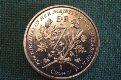 Монета 1 крона 2001 года. One Crown. 75 лет королеве. Елизавета II. Isle of Man. Остров Мэн.