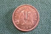 Монета 1 пенни 1998 год. Falkland Islands. One penny. Пингвин. Елизавета II. Фолкленды.