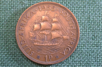 Монета 1 пенни 1955 год. South Africa. Suid-Afrika. One penny. Елизавета II. ЮАР.
