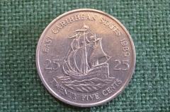Монета 25 центов 1989 год. East Caribbean States. Twenty Five Cents. Восточные Карибы. Елизавета II.