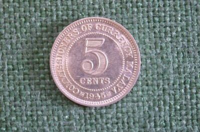 Монета 5 центов Five Cents 1945 год. Commissioners of Currency Malaya. Серебро. Георг VI. Малайя.