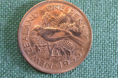 Монета 1 пенни One Penny 1955 год. Елизавета II. New Zealand. Новая Зеландия.