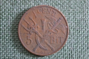 Монета 1 цент, 5 бит 1913 года. One cent, five bit. Кадуцей, трезубец. Датская Западная Индия.