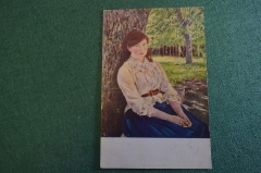 Открытка старинная "Девушка, освещенная солнцем". Серов. Главлит. СССР. 1920е. #S3