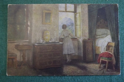 Открытка старинная "На рассвете". Девушка. Европа. До 1917 года. #S6