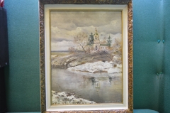 Картина "Серый день. Река Которосль. Храм на берегу реки". Худ. Соколов, 1989 год. Оргалит, масло. 