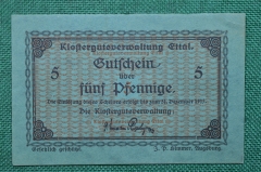 Банкнота 5 пфеннигов 1917 года.  Германия, Klostergutsverwaltung - Управление монастырскими храмами.