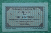 Банкнота 5 пфеннигов 1917 года.  Германия, Klostergutsverwaltung - Управление монастырскими храмами.