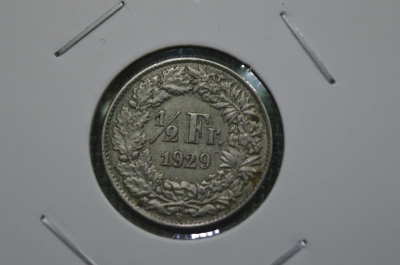 1/2 франка 1929 Швейцария, серебро, aUNC